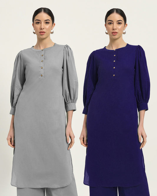 Combo: Iced Grey & Aurora Purple Balloon Breeze Pot Neck Solid Kurta