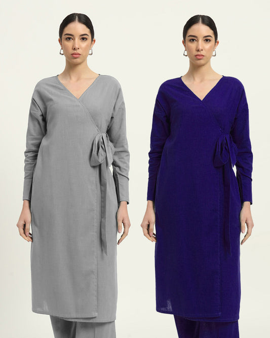 Combo: Iced Grey & Aurora Purple Ribbon Wrap Solid Kurta