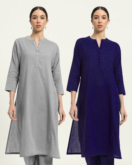 Combo: Iced Grey & Aurora Purple Everyday Bliss Notch Neck Solid Kurta