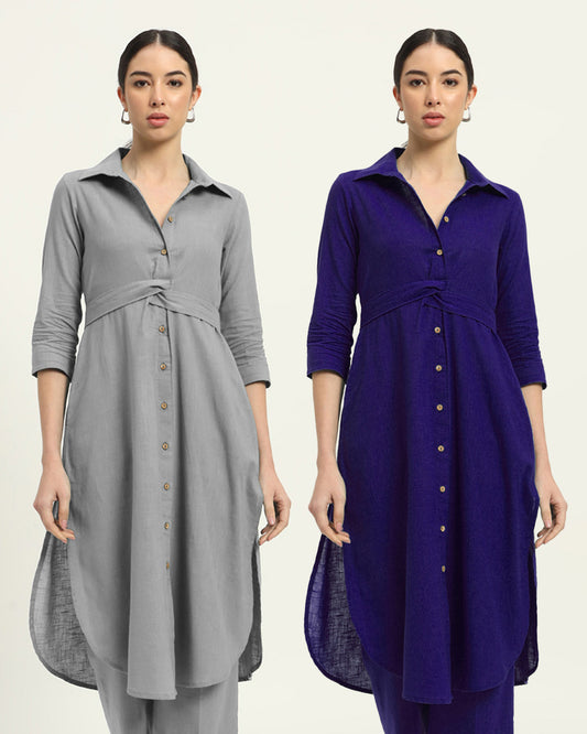 Combo: Iced Grey & Aurora Purple Bellisimo Belted Solid Kurta