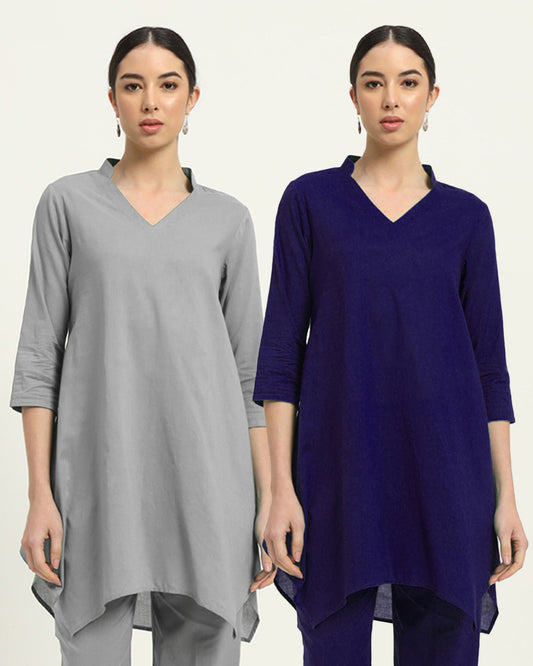 Combo: Iced Grey & Aurora Purple Fresh Fusion Collar V Solid Kurta