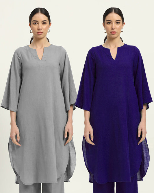 Combo: Iced Grey & Aurora Purple Rounded Reverie Solid Kurta