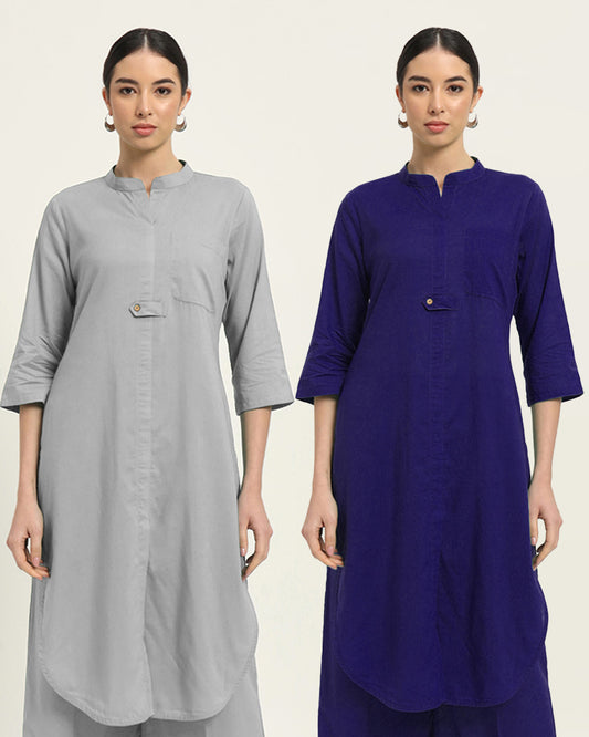 Combo: Iced Grey & Aurora Purple Urban Retreat Band Collar Kurta