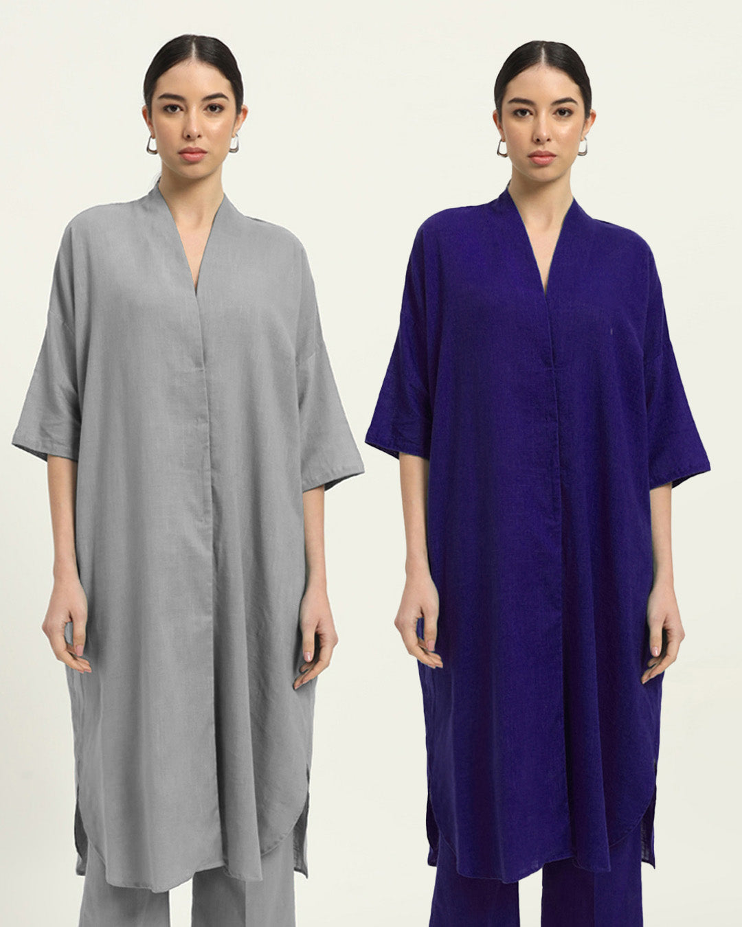 Combo: Iced Grey & Aurora Purple Serene Sojourn V Neck Solid Kurta