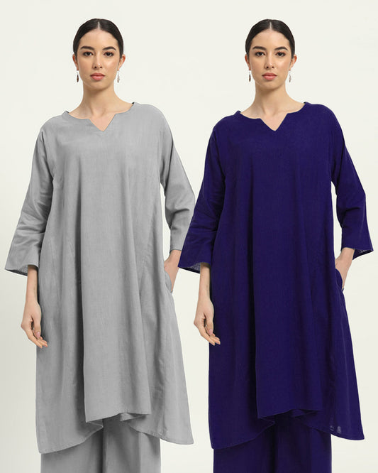 Combo: Iced Grey & Aurora Purple Royal Resonance Kalidar Solid Kurta