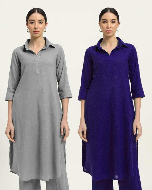 Combo: Iced Grey & Aurora Purple Collar Comfort Solid Kurta