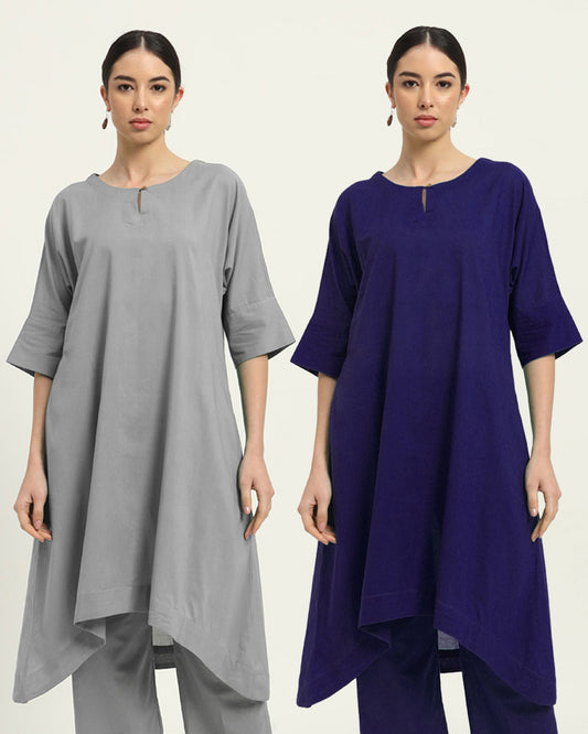 Combo: Iced Grey & Aurora Purple Flare & Flow Boat Neck Solid Kurta