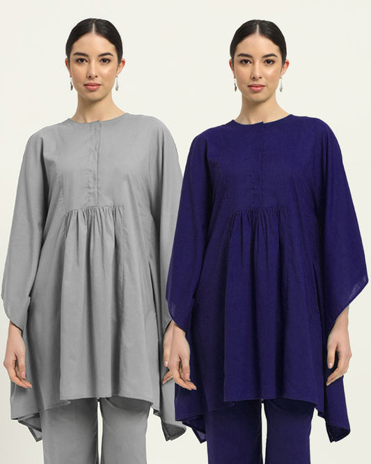 Combo: Iced Grey & Aurora Purple Kaftan Karess Solid Kurta