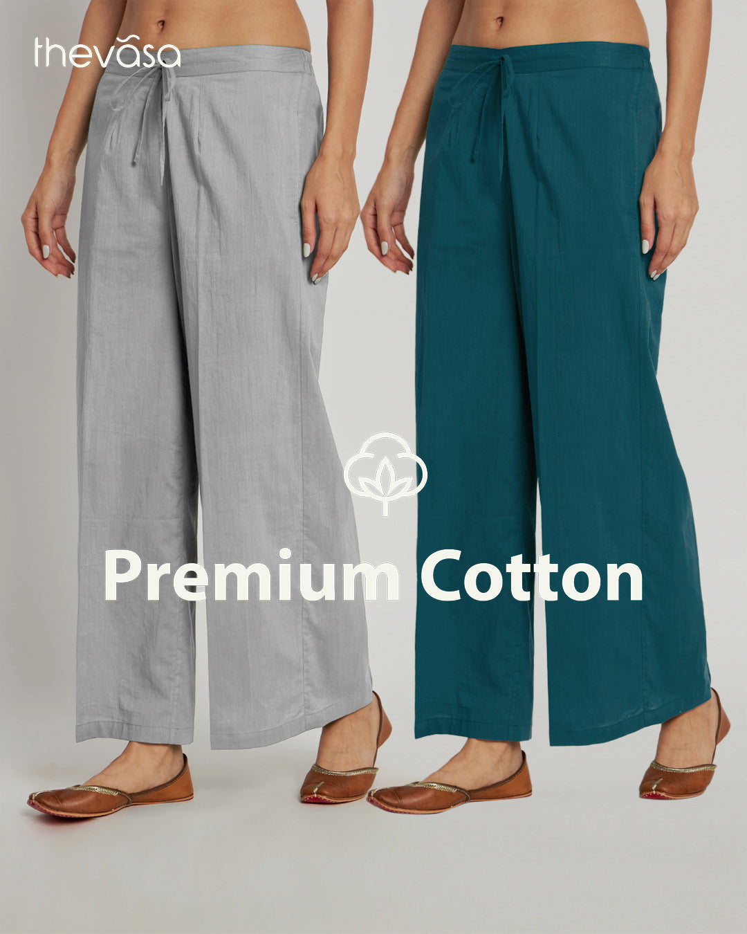 Combo: Iced Grey & Deep Teal Wide Pants- Set Of 2