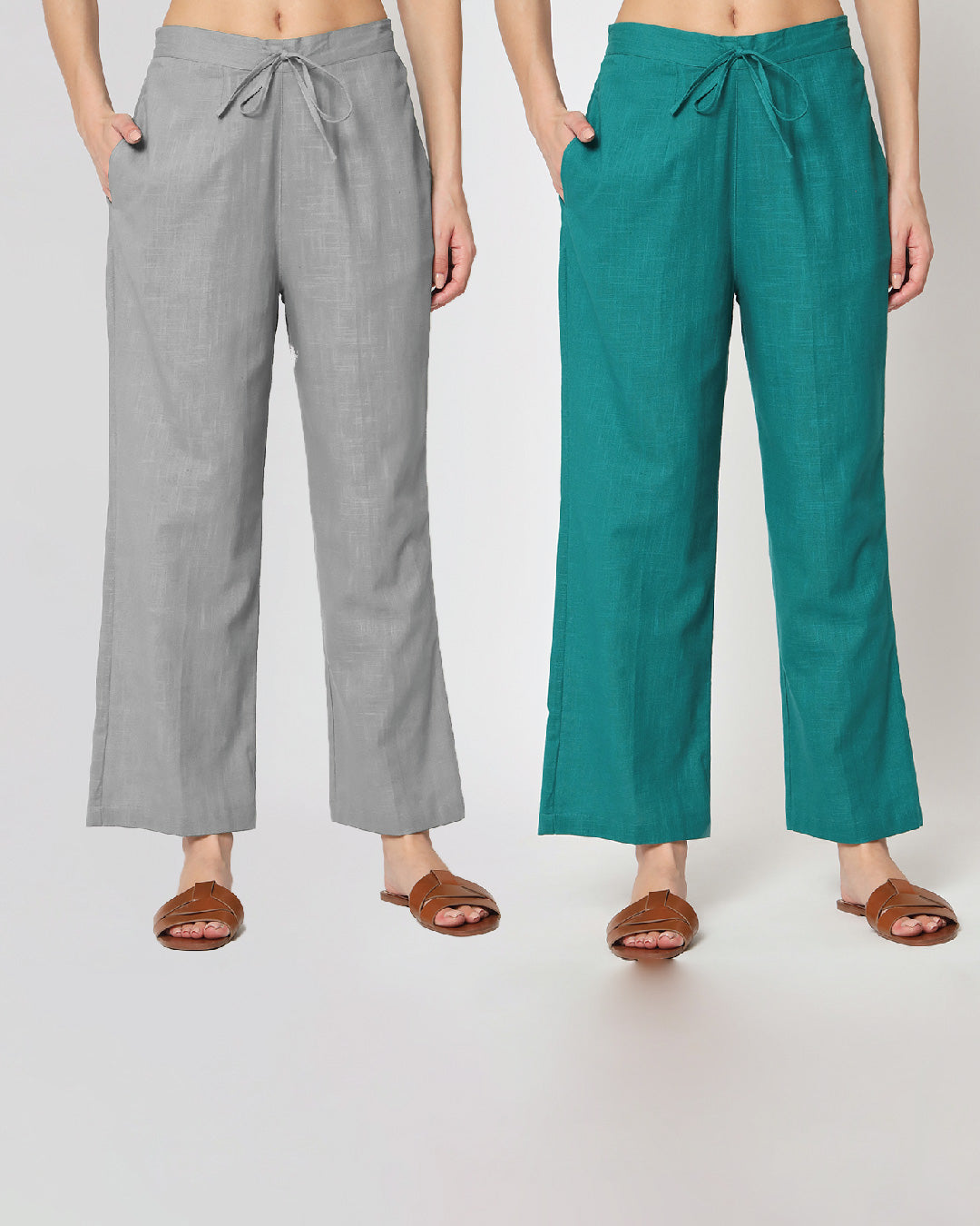 Combo: Iced Grey & Forest Green Straight Pants- Set of 2