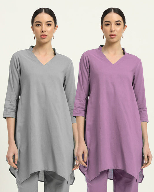 Combo: Iced Grey & Iris Pink Fresh Fusion Collar V Solid Kurta