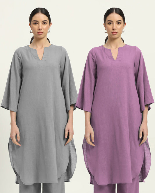 Combo: Iced Grey & Iris Pink Rounded Reverie Solid Kurta