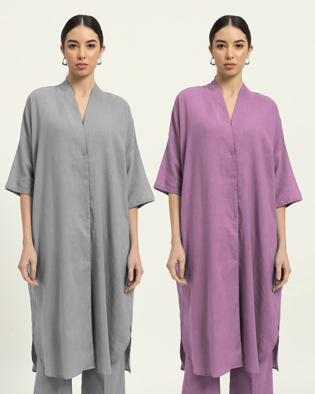 Combo: Iced Grey & Iris Pink Serene Sojourn V Neck Solid Kurta