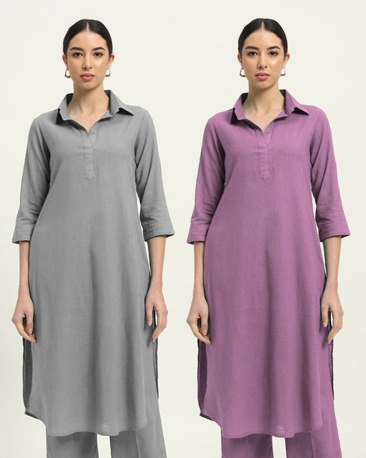 Combo: Iced Grey & Iris Pink Collar Comfort Solid Kurta