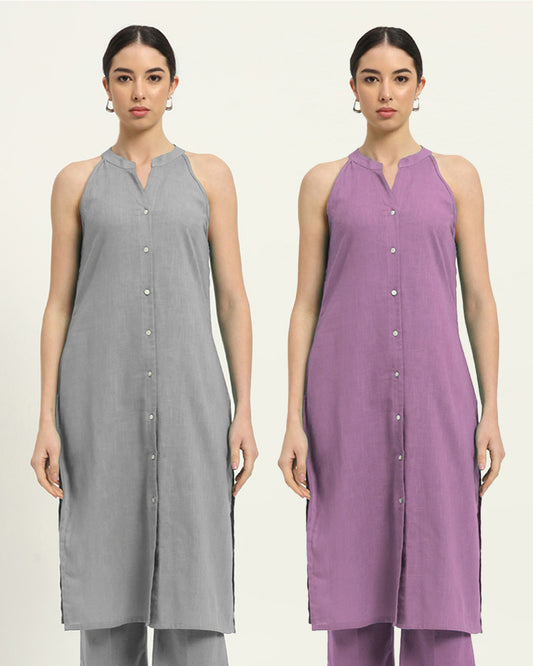 Combo: Iced Grey & Iris Pink Mermaid Button Down Solid Kurta