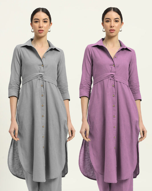 Combo: Iced Grey & Iris Pink Bellisimo Belted Solid Kurta