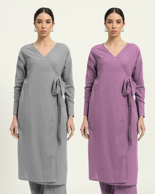 Combo: Iced Grey & Iris Pink Ribbon Wrap Solid Kurta