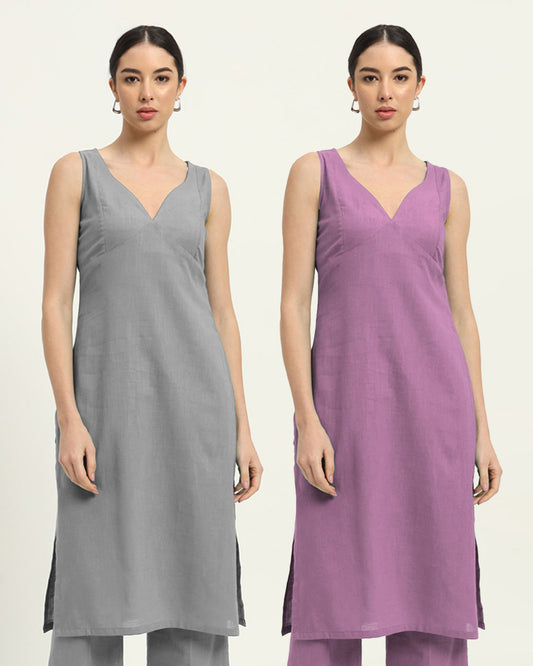 Combo: Iced Grey & Iris Pink Modern Muse Sweetheart Solid Kurta