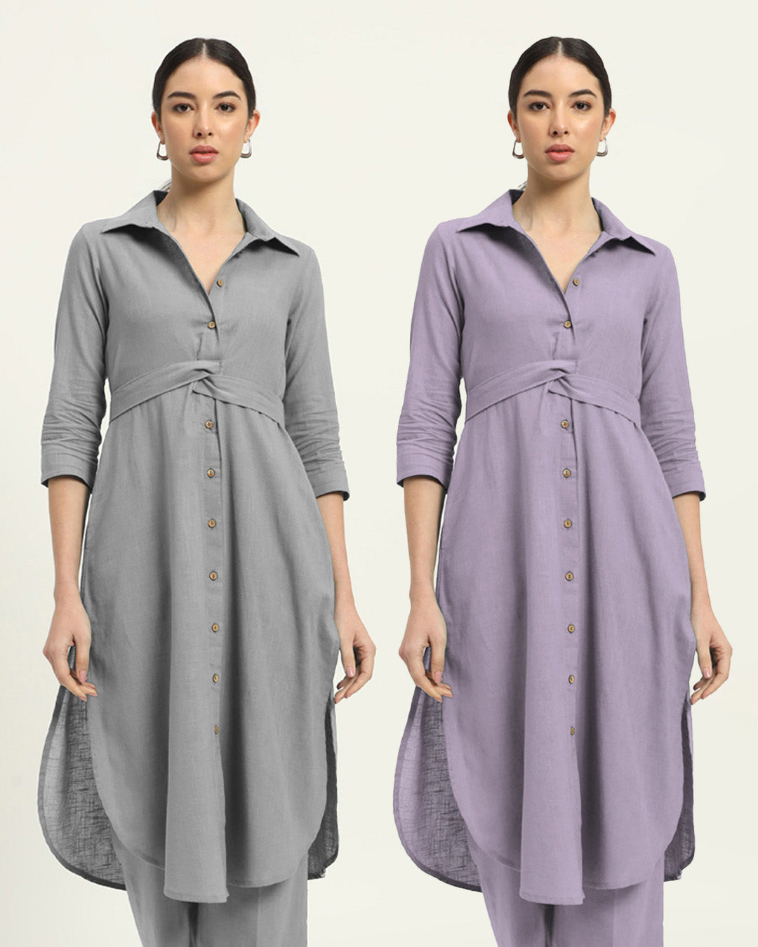 Combo: Iced Grey & Lilac Bellisimo Belted Solid Kurta