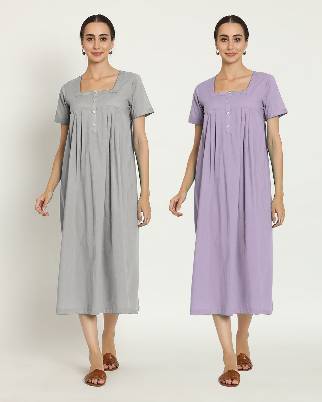 Combo: Iced Grey & Lilac Square Neck Serenity Nightdress- Set Of 2