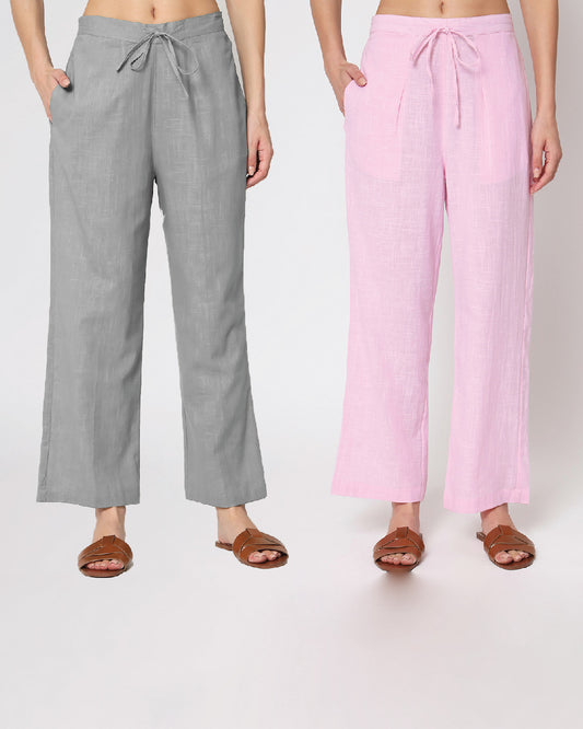 Combo: Iced Grey & Pink Mist Straight Pants- Set of 2