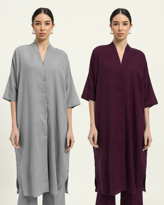 Combo: Iced Grey & Plum Passion Serene Sojourn V Neck Solid Kurta