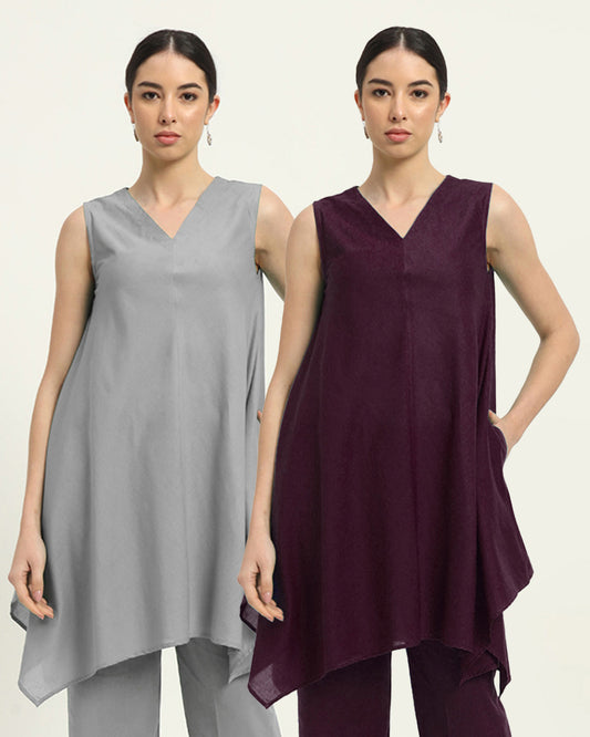 Combo: Iced Grey & Plum Passion Midsummer Dream Solid Kurta