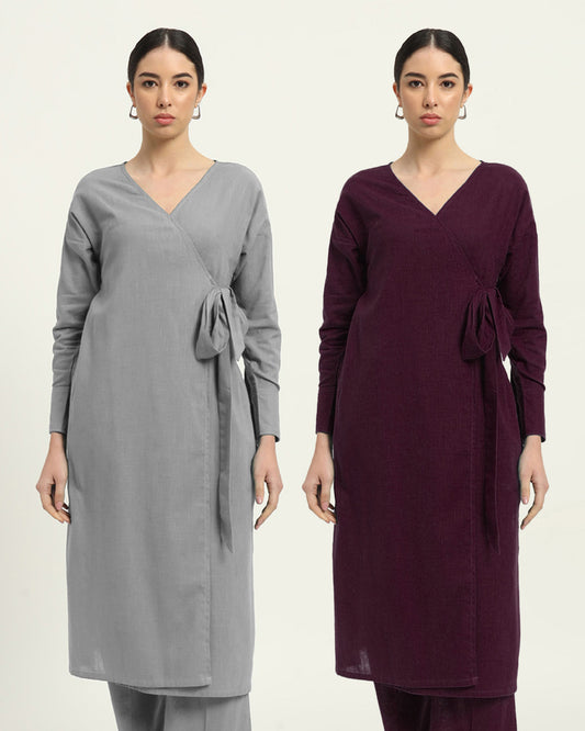 Combo: Iced Grey & Plum Passion Boho Harmony Flared Solid Kurta