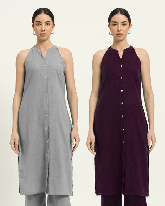 Combo: Iced Grey & Plum Passion Mermaid Button Down Solid Kurta