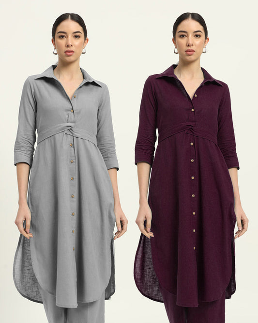 Combo: Iced Grey & Plum Passion Bellisimo Belted Solid Kurta