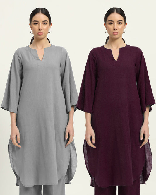 Combo: Iced Grey & Plum Passion Rounded Reverie Solid Kurta