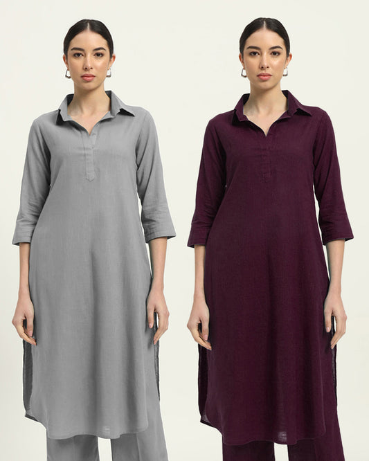 Combo: Iced Grey & Plum Passion Collar Comfort Solid Kurta