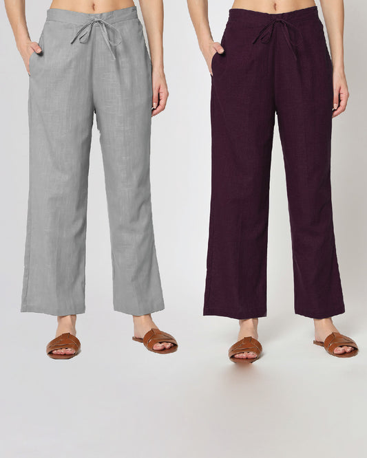 Combo: Iced Grey & Plum Passion Straight Pants- Set of 2