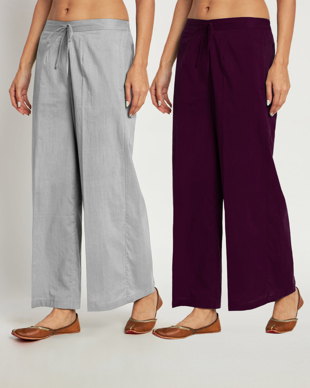 Combo: Iced Grey & Plum Passion Wide Pants- Set Of 2