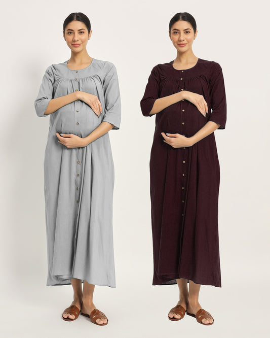 Combo: Iced Grey & Plum Passion Mommy Glow Maternity & Nursing Dress