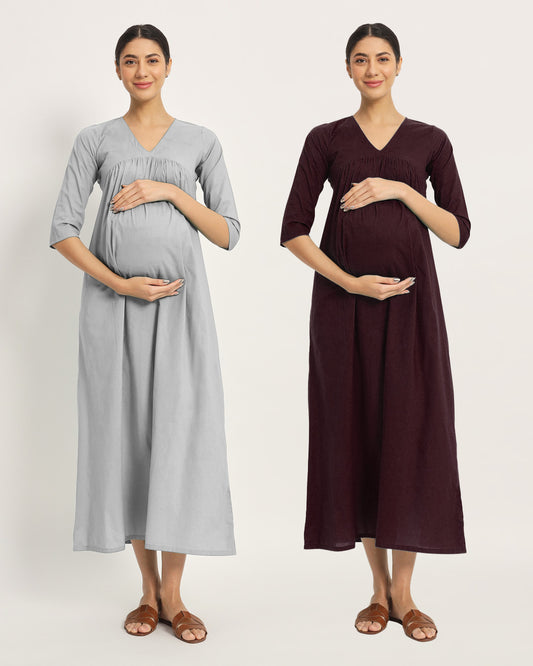 Combo: Iced grey & Plum Passion Bump Comfort Maternity & Nursing Dress - Set of 2
