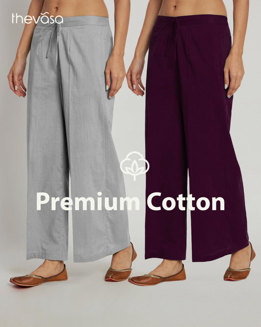 Combo: Iced Grey & Plum Passion Wide Pants- Set Of 2