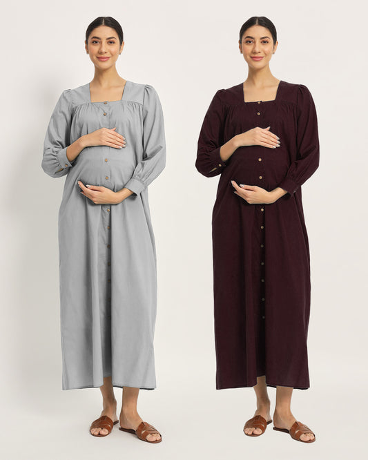 Combo: Iced Grey & Plum Passion Belly Blossom Maternity & Nursing Dress-Set of 2