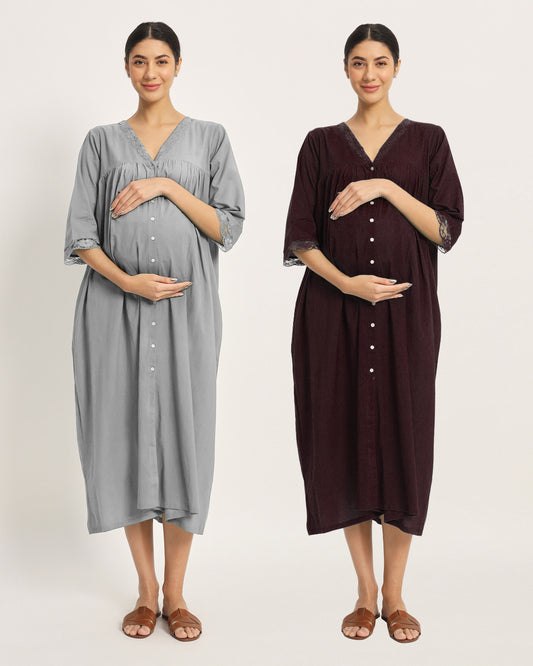 Combo: Iced Grey & Plum Passion Stylish Preggo Maternity & Nursing Dress - Set of 2
