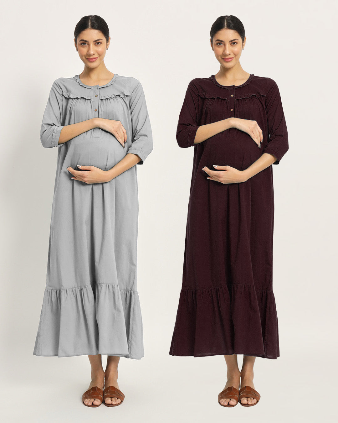 Combo: Iced Grey & Plum Passion Bella Mama Maternity & Nursing Dress-Set of 2