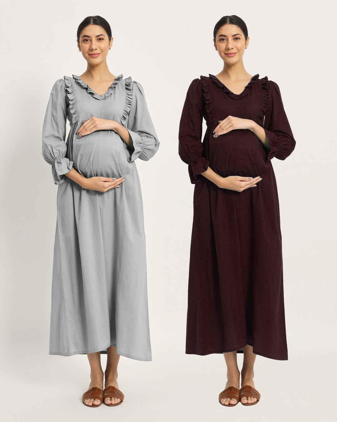 Combo: Iced Grey & Plum Passion Functional Flow Maternity & Nursing Dress - Set of 2