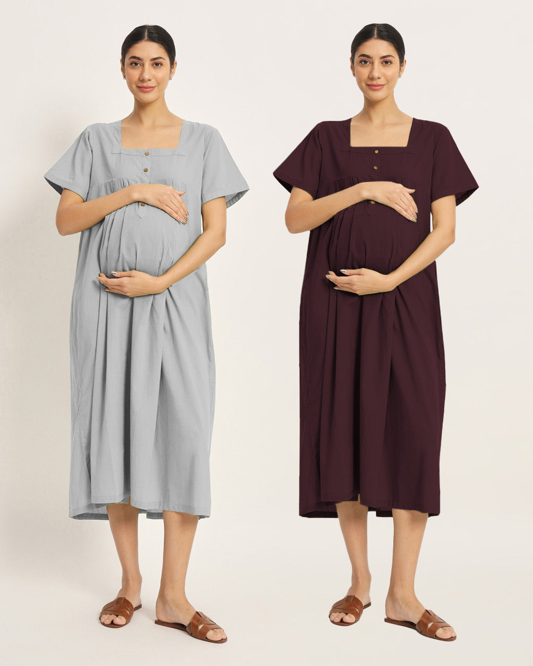 Combo: Iced grey & Plum Passion Bump Blessing Maternity & Nursing Dress - Set of 2
