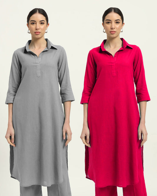 Combo: Iced Grey & Queens Gulabi Collar Comfort Solid Kurta