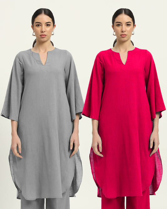 Combo: Iced Grey & Queen's Gulabi Rounded Reverie Solid Kurta