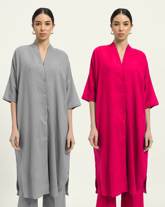 Combo: Iced Grey & Queen's Gulabi Serene Sojourn V Neck Solid Kurta