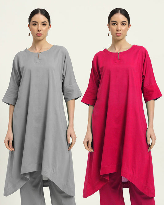 Combo: Iced Grey & Queens Gulabi Flare & Flow Boat Neck Solid Kurta