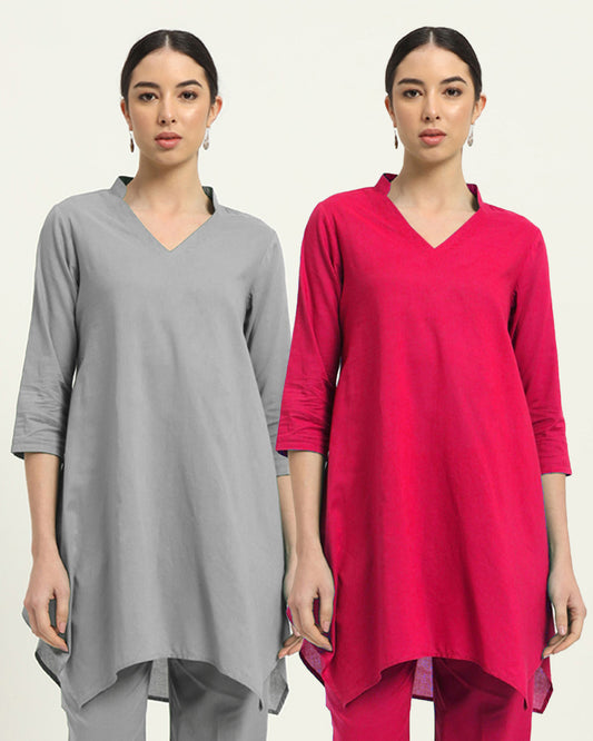 Combo: Iced Grey & Queens Gulabi Fresh Fusion Collar V Solid Kurta