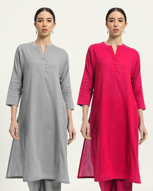 Combo: Iced Grey & Queens Gulabi Everyday Bliss Notch Neck Solid Kurta