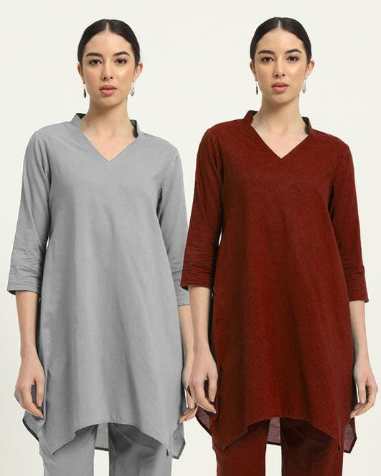 Combo: Iced Grey & Russet Red Fresh Fusion Collar V Solid Kurta