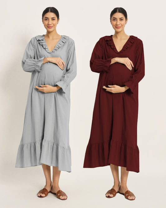 Combo: Black & Russet Red Flow Mama Maternity & Nursing Dress - Set of 2